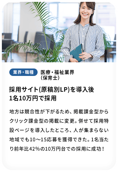 採用サイト(原稿別LP)を導入後 1名10万円で採用