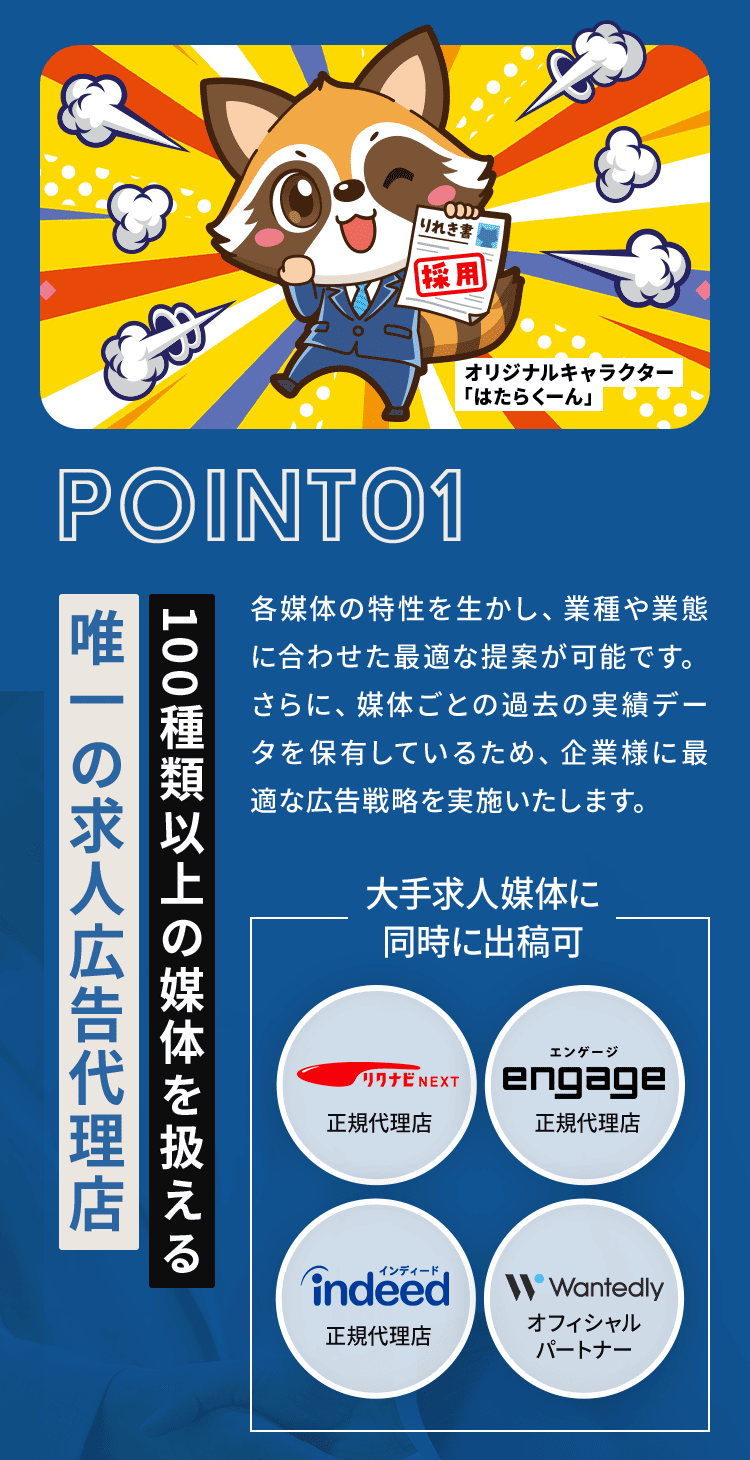 POINT01 100種類以上の媒体を扱える唯一の求人広告代理店